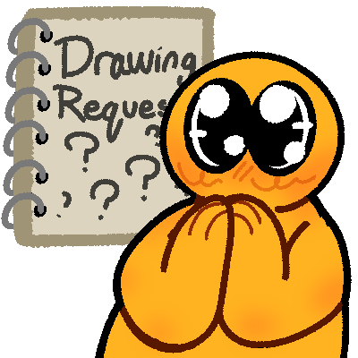 a drawing of a simple yellow person with a pleading-like facial expression with their hands in together. behind them is a sketch book that reads 'drawing requests' with a few question marks. this variant has the sketchbooks lineart a dark tan.